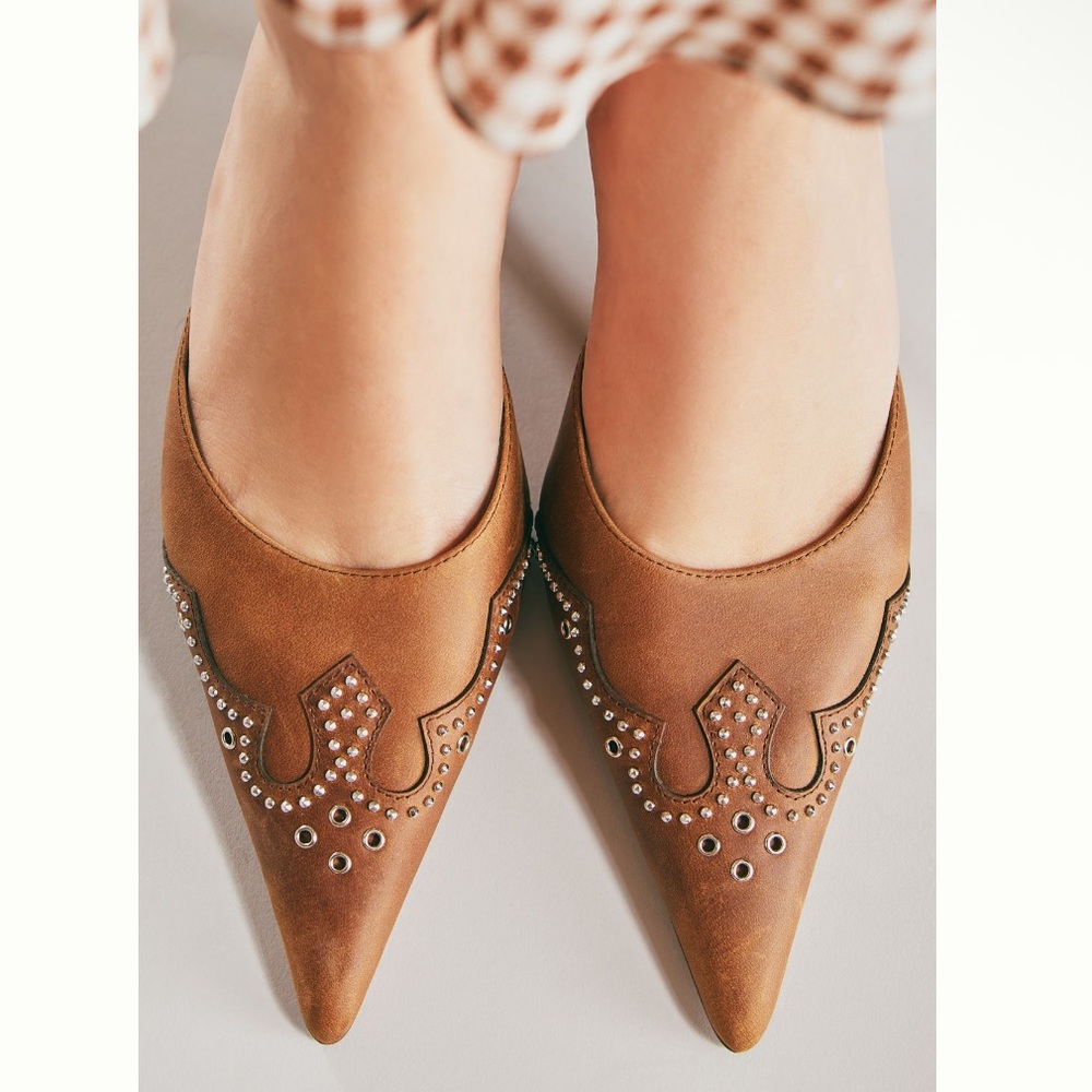 Jeffery Campbell Head-West Studded Western Pointed-Toe Heeled Mules Camel Tan - Picture 2 of 14